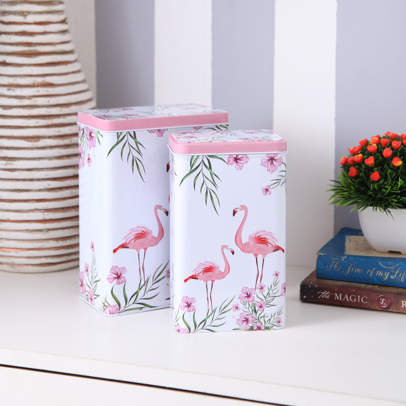 Tall White Flamingo Metal Tins (Set Of 2)