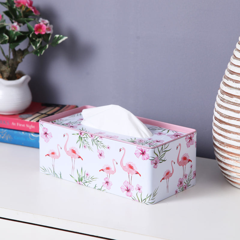 Rectangle White Flamingo Tissue Box