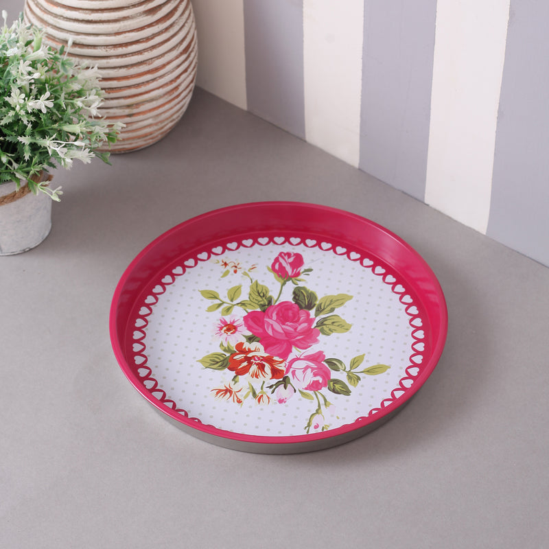 Large Pink Floral Metal Tin Tray