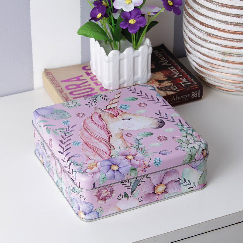 Square Unicorn And Ferns Storage Tin Box