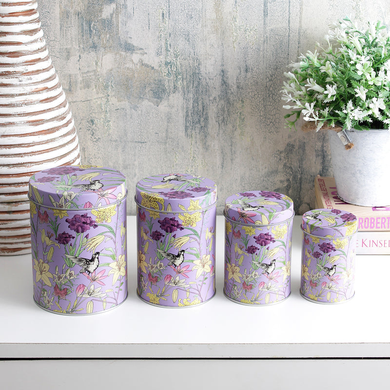 Long Floral Storage Tins- Purple (Set Of 4)
