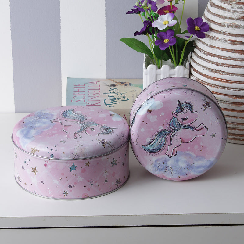 Round Starry Unicorn Storage Tins - Pink (Set Of 2)