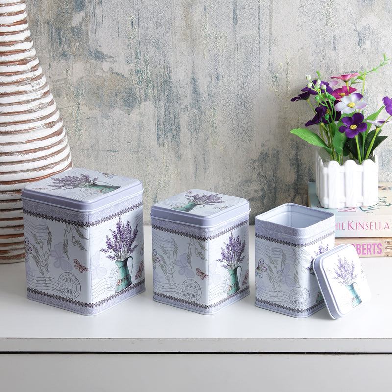 Square Light Lavender Storage Tins ( Set Of 3)