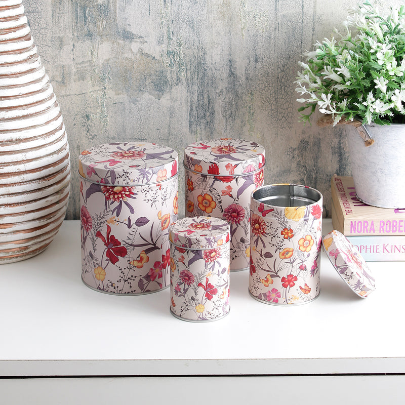 Long Red And Yellow Floral Storage Tins (Set Of 4)