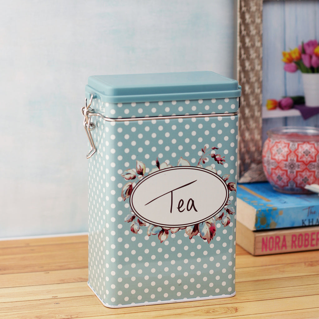 Blue Dotted Tea Storage Box with Hinged Lid