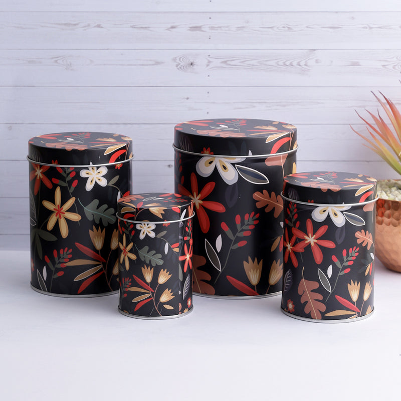 Long Dark Floral Storage Tins - Black (Set of 4)