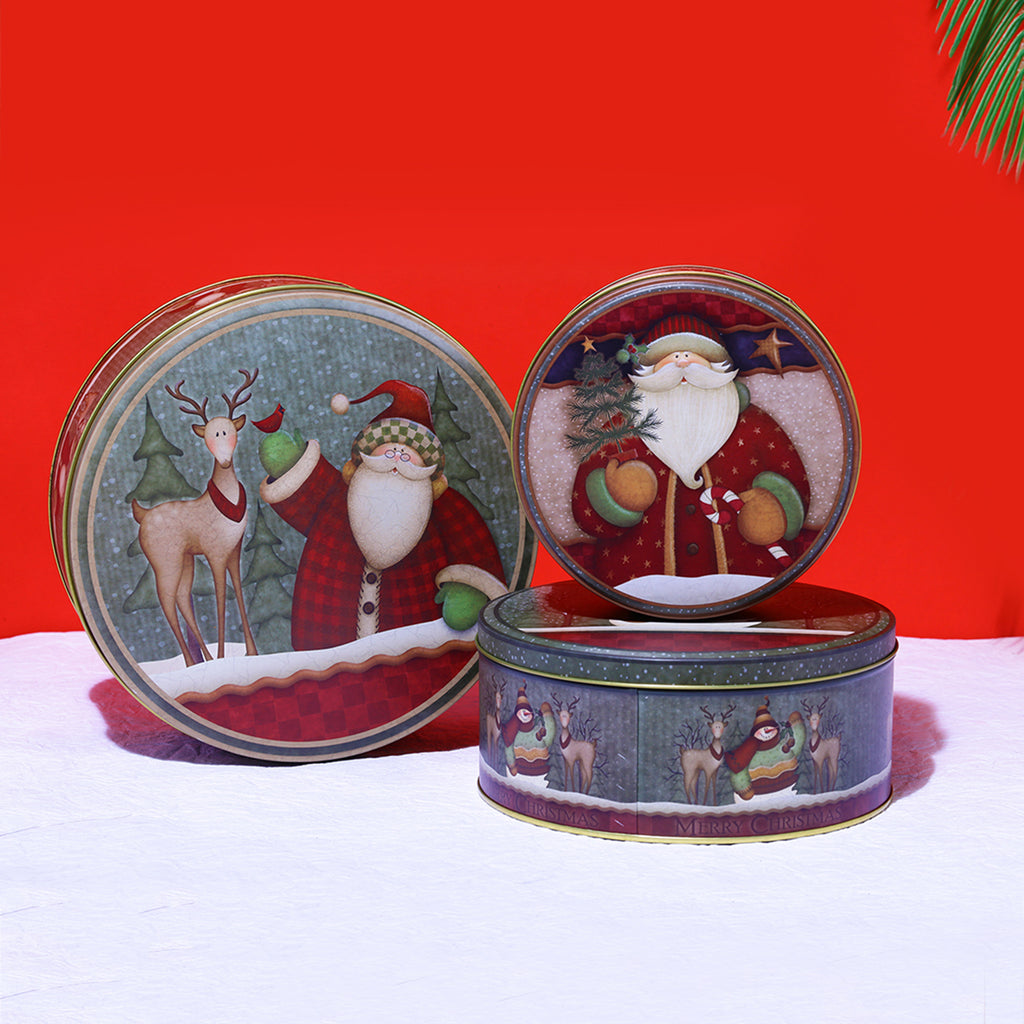 Santa & Reindeer Round Storage Box (Set of 3)