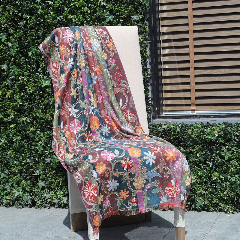 Heavy Floral Woven Woollen Stole with Aari Embroidery