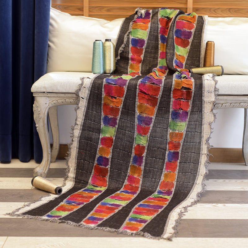 Hand Painted Abstract Pure Wool Stole - Black