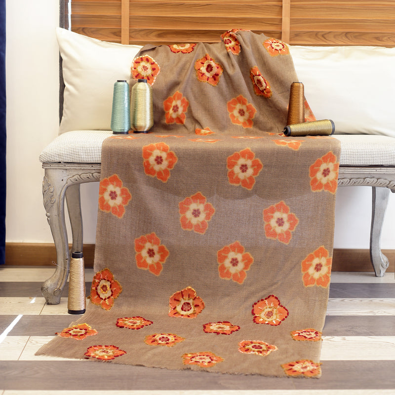 Hand Embroidered Light Floral Print Wool Scarf