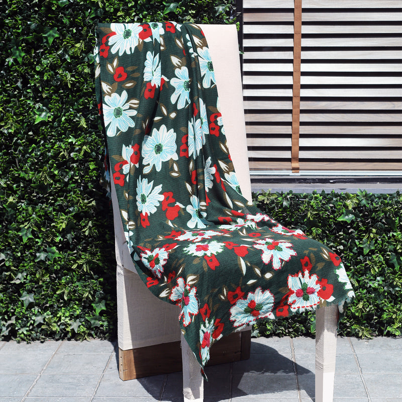 Hand Embroidered Lush Floral Print Wool Scarf