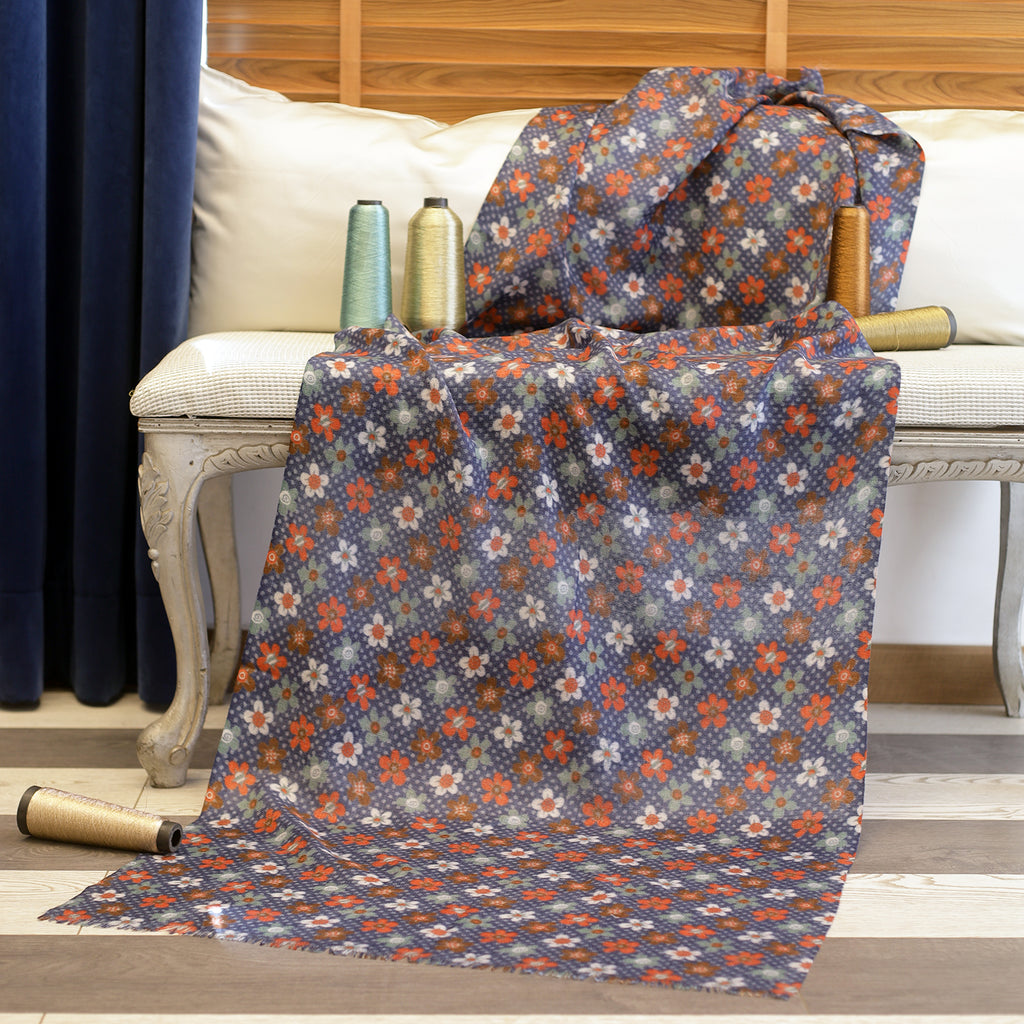Blue Floral Print Light Wool Scarf