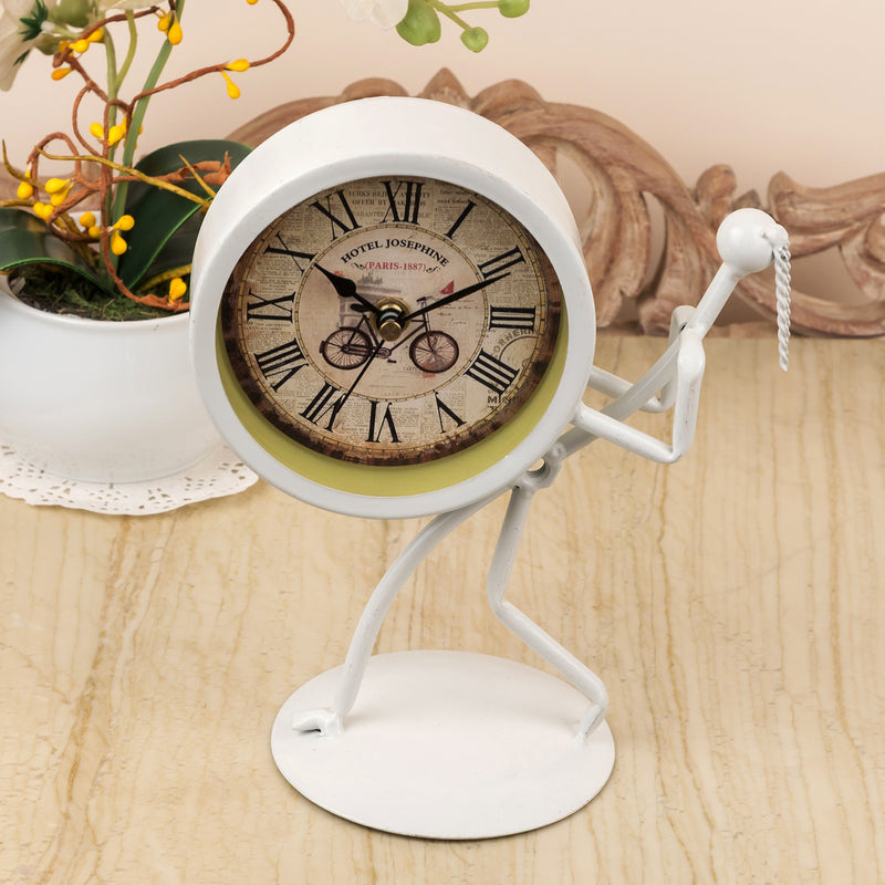 White Metal Bolt Man Holding Up Clock