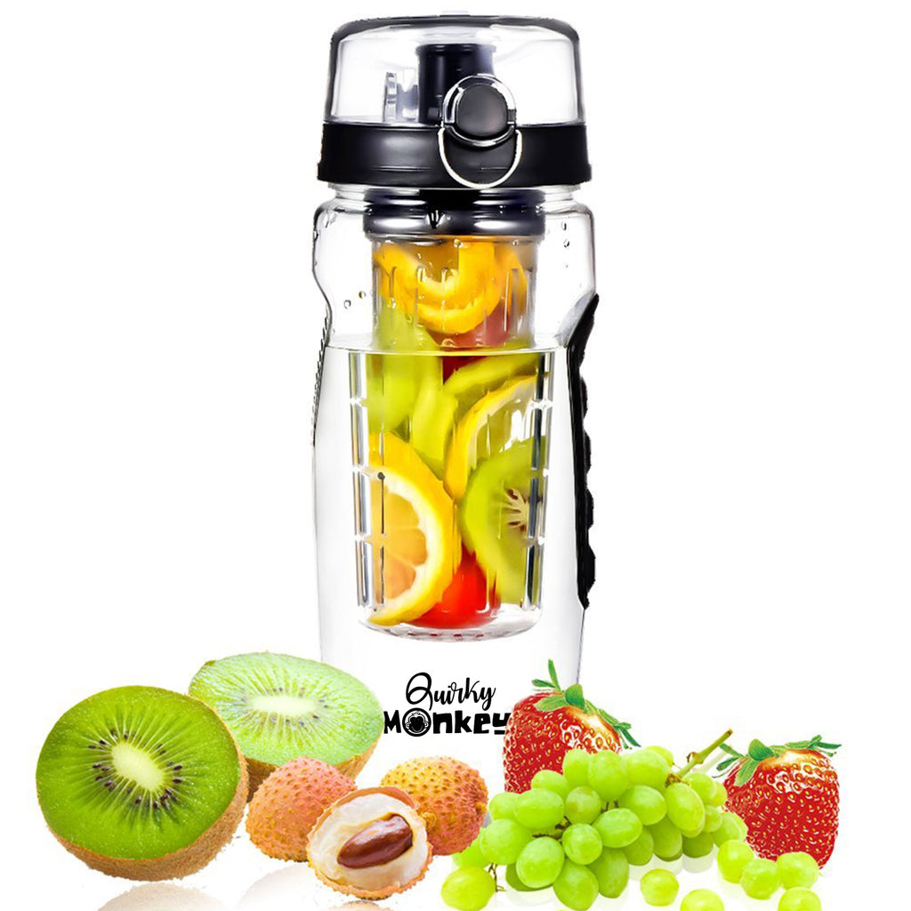 Quirky Monkey Fruit Infuser Black Water Bottle - 1 Litre, Cleaning Brush, Insulated Sleeve with Free 101 Infused Water Recipes