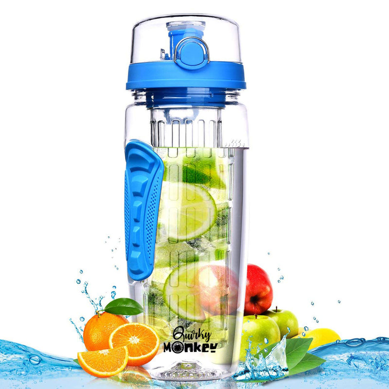 Quirky Monkey Fruit Infuser Blue Water Bottle - 1 Litre, Cleaning Brush, Insulated Sleeve with Free 101 Infused Water Recipes